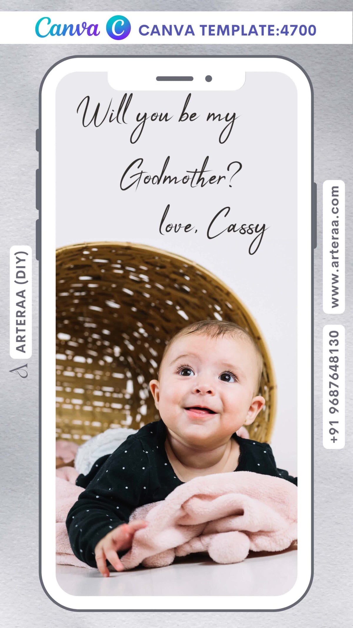 Godmother ceremony invitation card Editable CanvaTemplate in english language with baby photo theme design 4700
