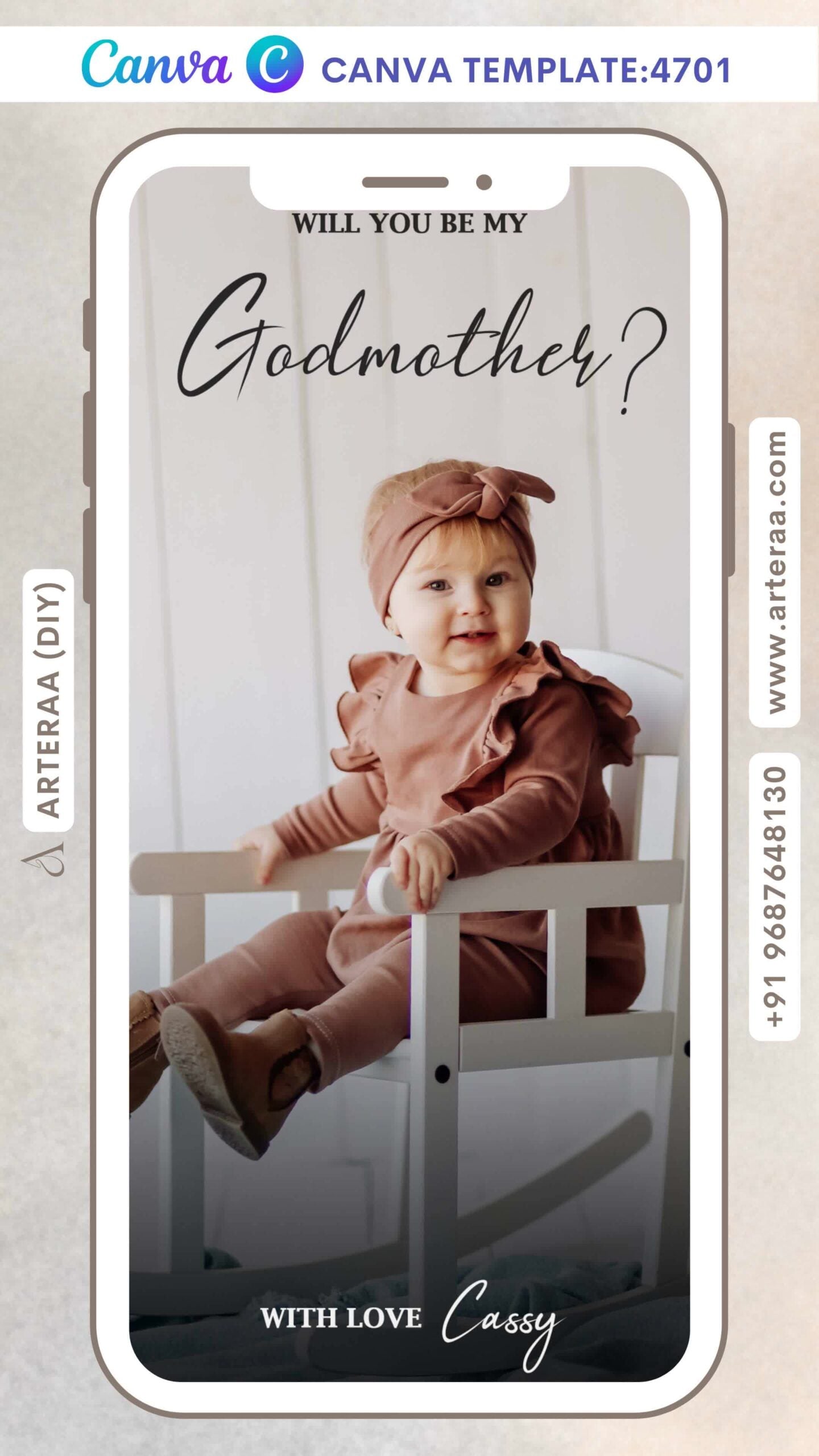 Godmother ceremony invitation card Editable CanvaTemplate in english language with baby photo theme design 4701