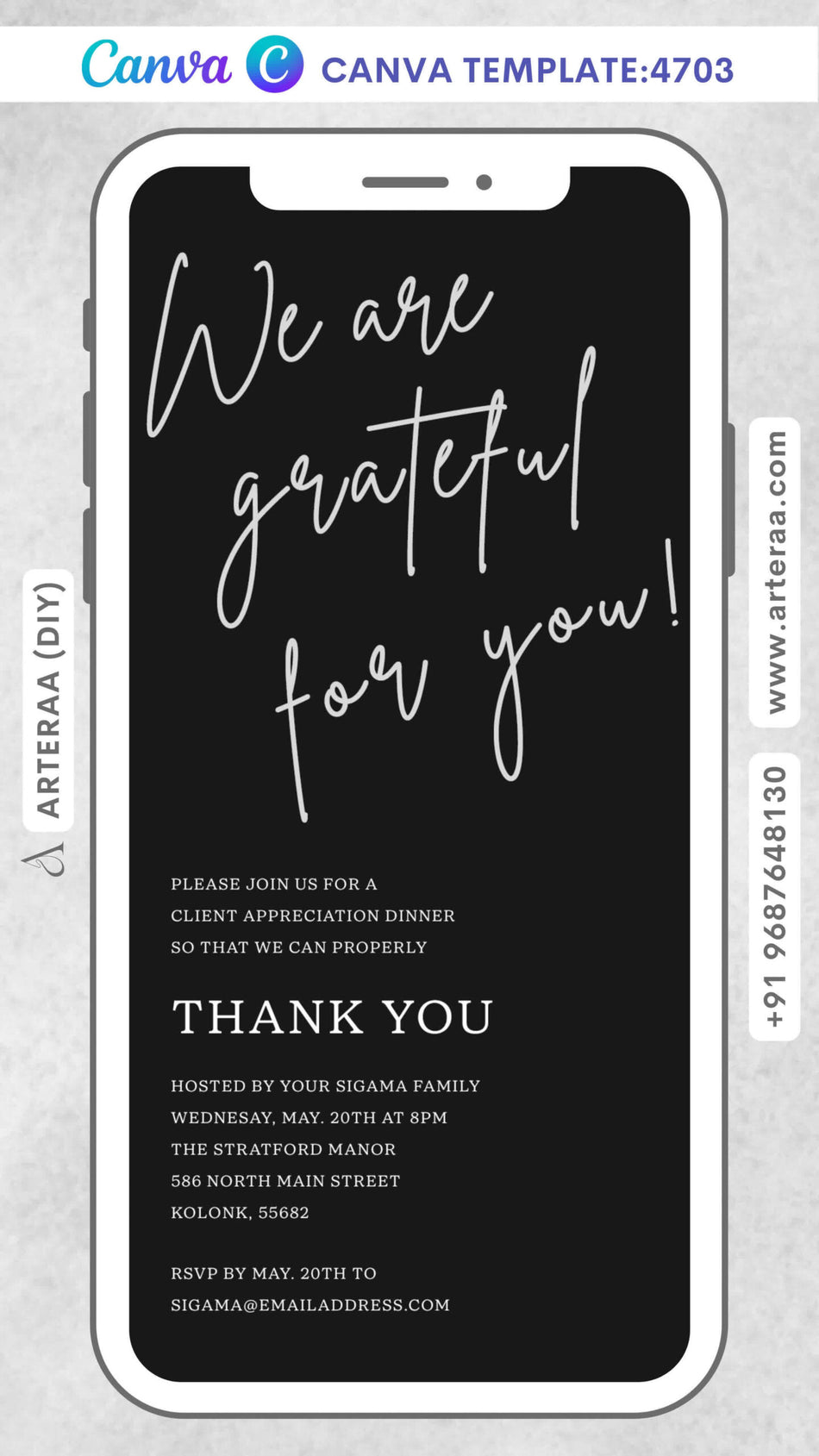 Client Appreciation dinner card Canva Editable Template in english language with minimalistic theme design 4703