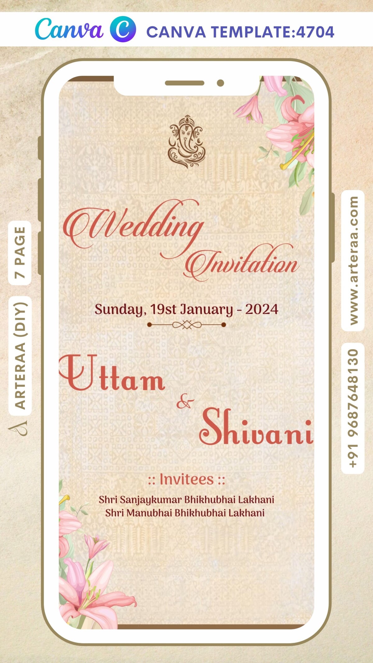 Wedding ceremony invitation Canva Editable video Template of gujarati patel family in english language with floral theme design 4704