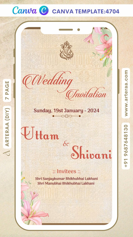 Wedding ceremony invitation Canva Editable video Template of gujarati patel family in english language with floral theme design 4704