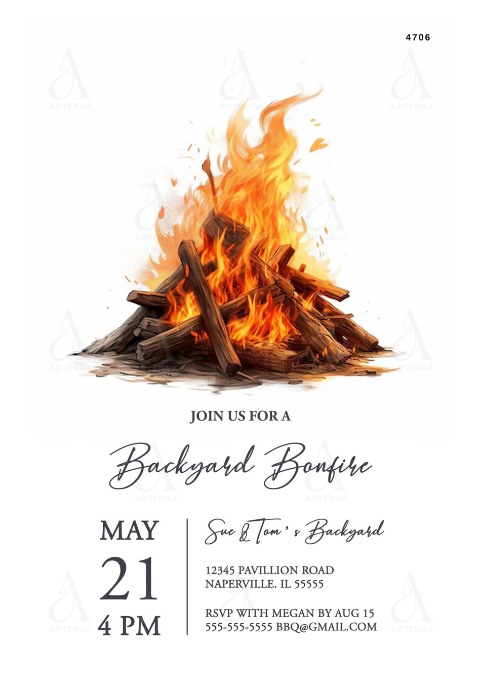 Bonfire party invitation Editable Canva Template in english language with minimalistic theme design 4706
