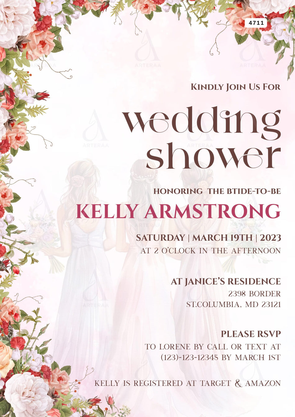 Wedding Shower ceremony invitation card Editable CanvaTemplate in english language with floral theme design 4711