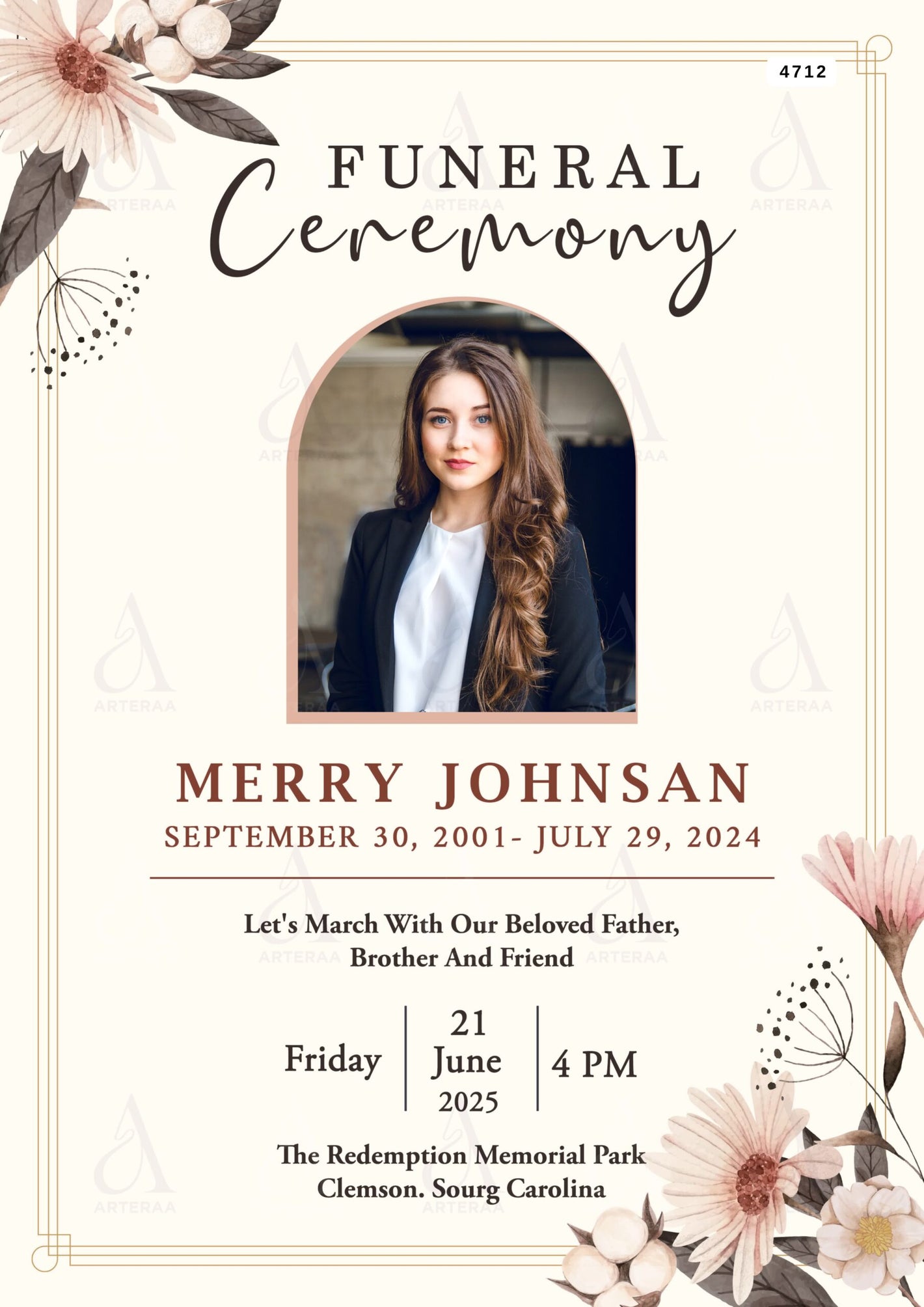Funeral invitation card Editable CanvaTemplate in english language with floral theme design 4712
