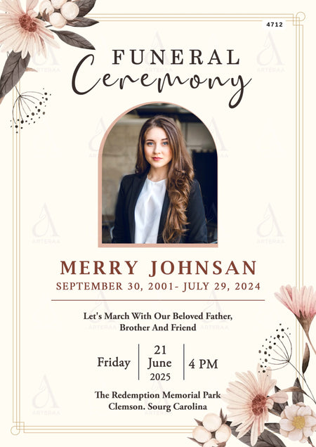 Funeral invitation card Editable CanvaTemplate in english language with floral theme design 4712