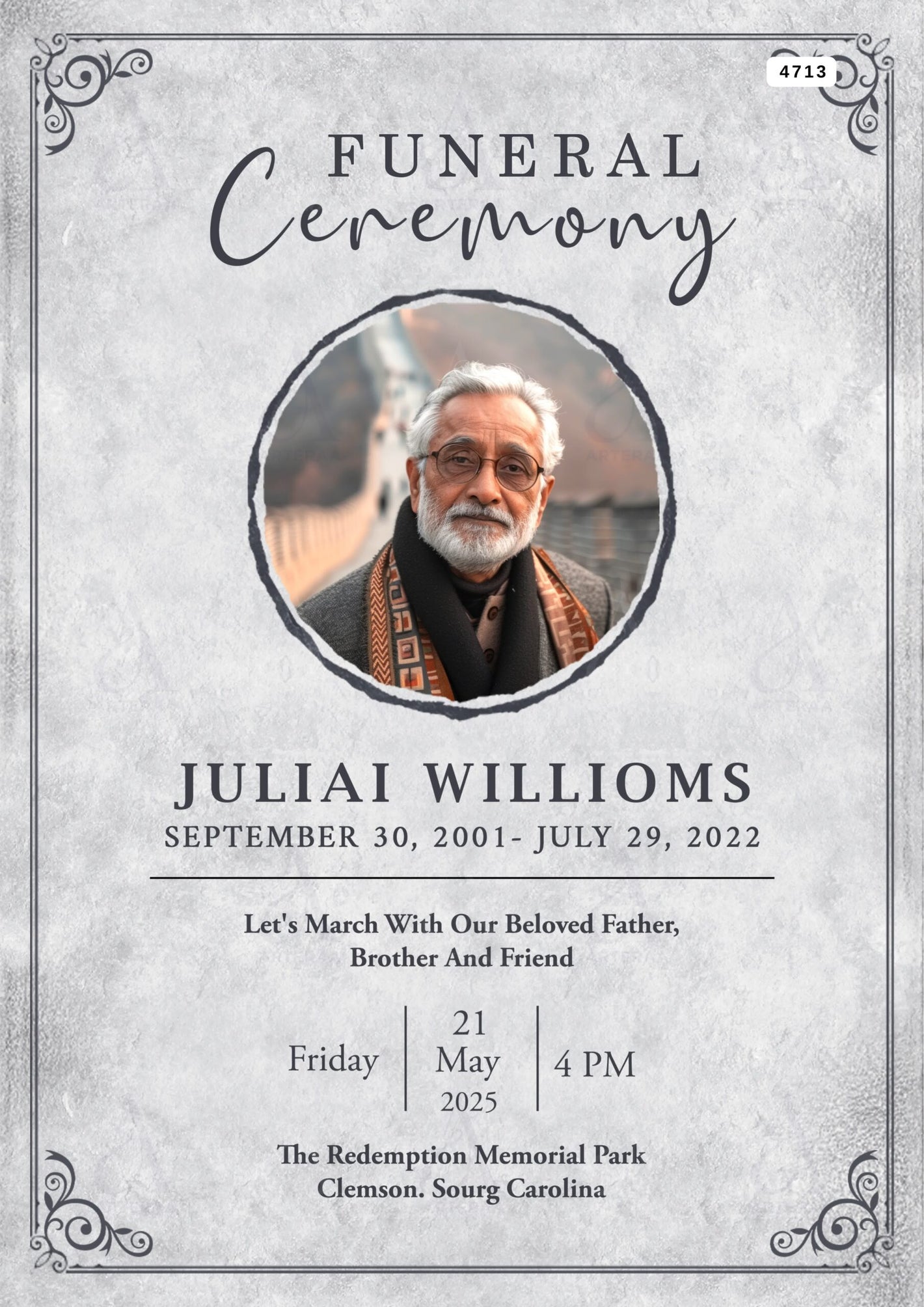 Funeral invitation card Editable CanvaTemplate in english language with minimalistic theme design 4713