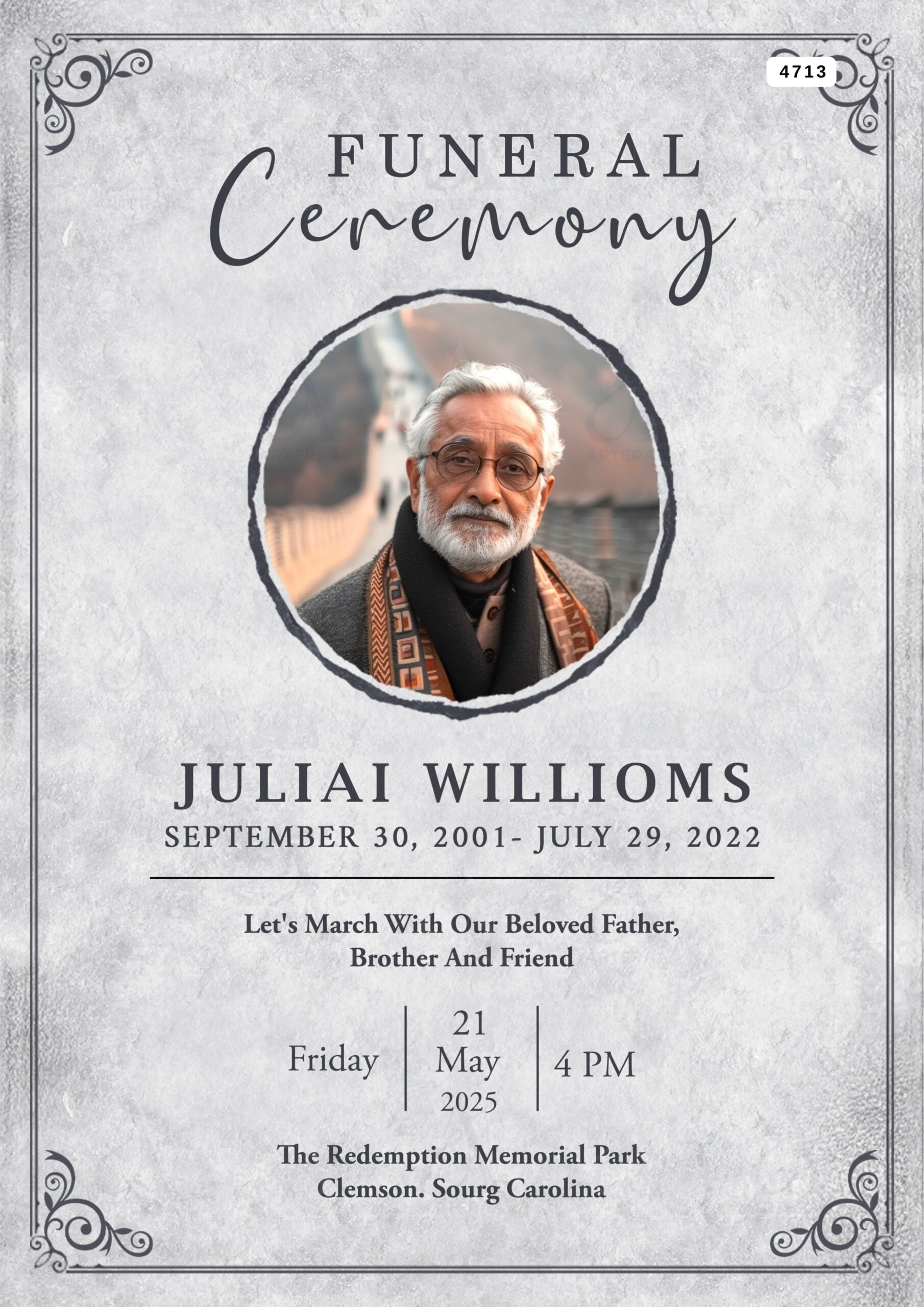 Funeral invitation card Editable CanvaTemplate in english language with minimalistic theme design 4713