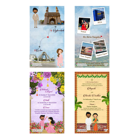 Traditional Indian wedding and celebration digital invitation card set 4729 featuring Ayushi and Harsha Vardhan templates with destination love story artwork   