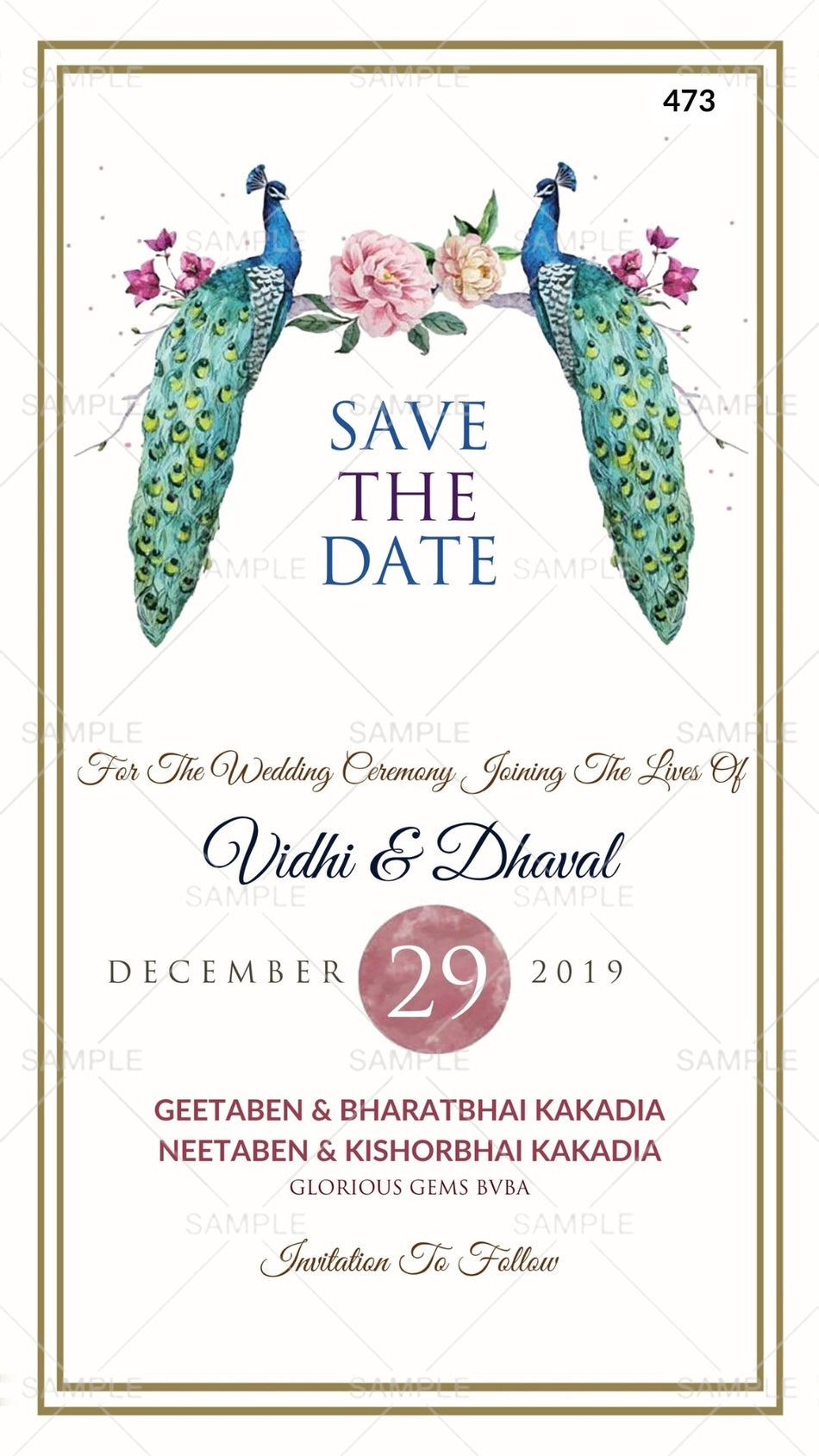 Save the Date card Canva Editable Template in english language with frame, flowers as minimalistic theme design 473
