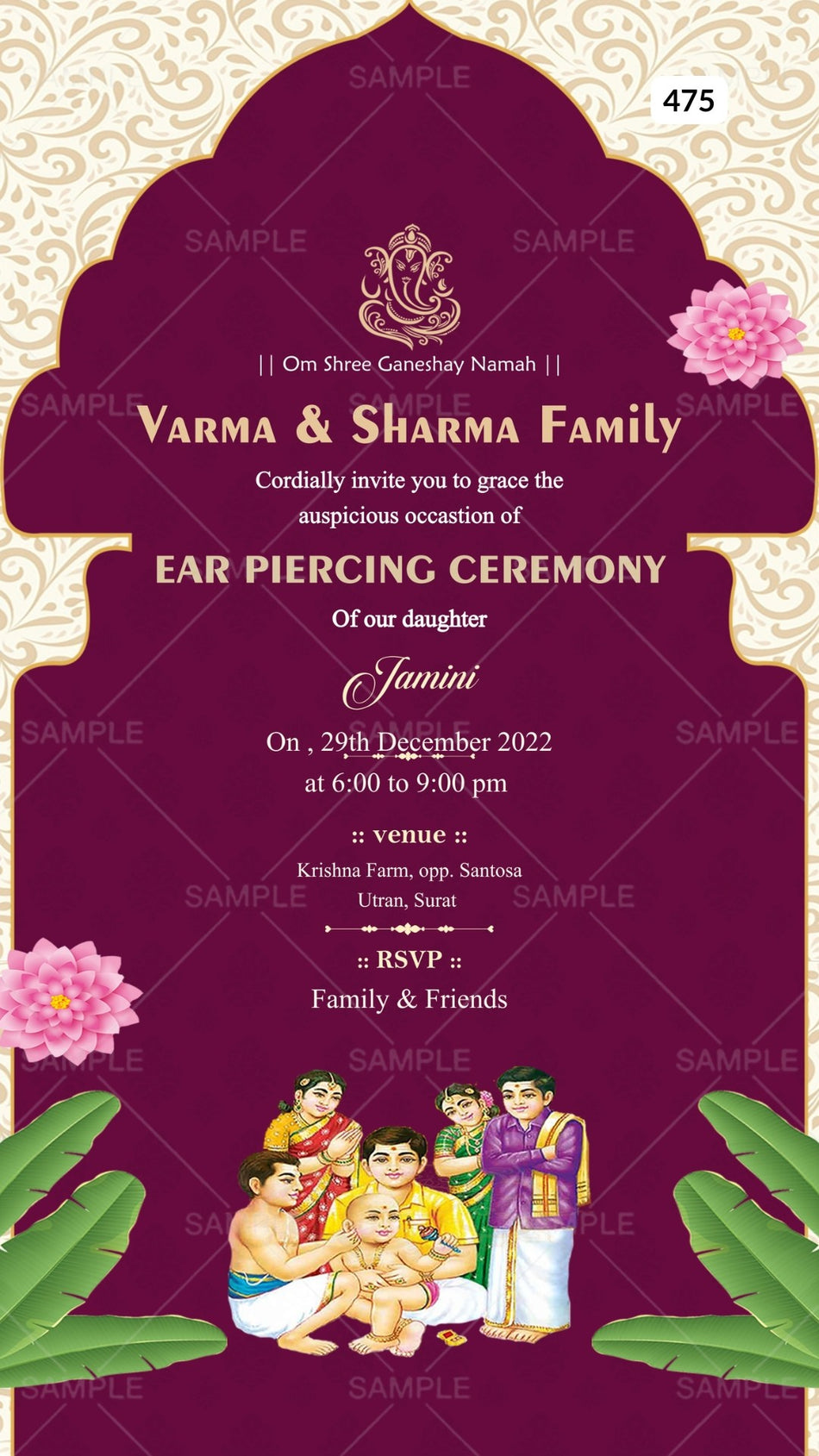 Digital Ear Piercing Ceremony Invitation Of Indian Family In English Language With Arch Theme Canva Editable Template Design No. 475