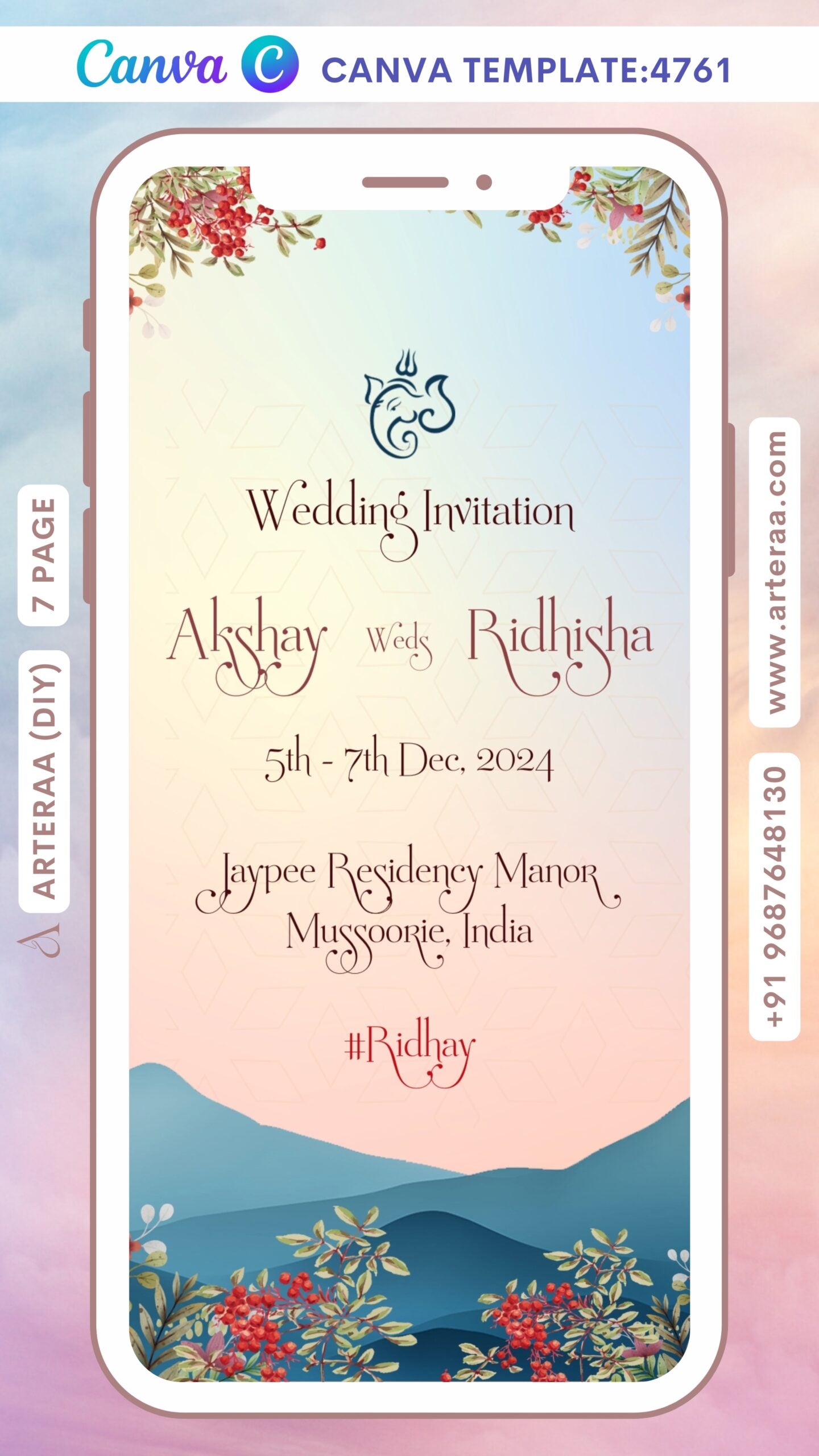 Wedding ceremony invitation Canva Editable video Template of hindu north indian family in english language with mountain theme design 4761