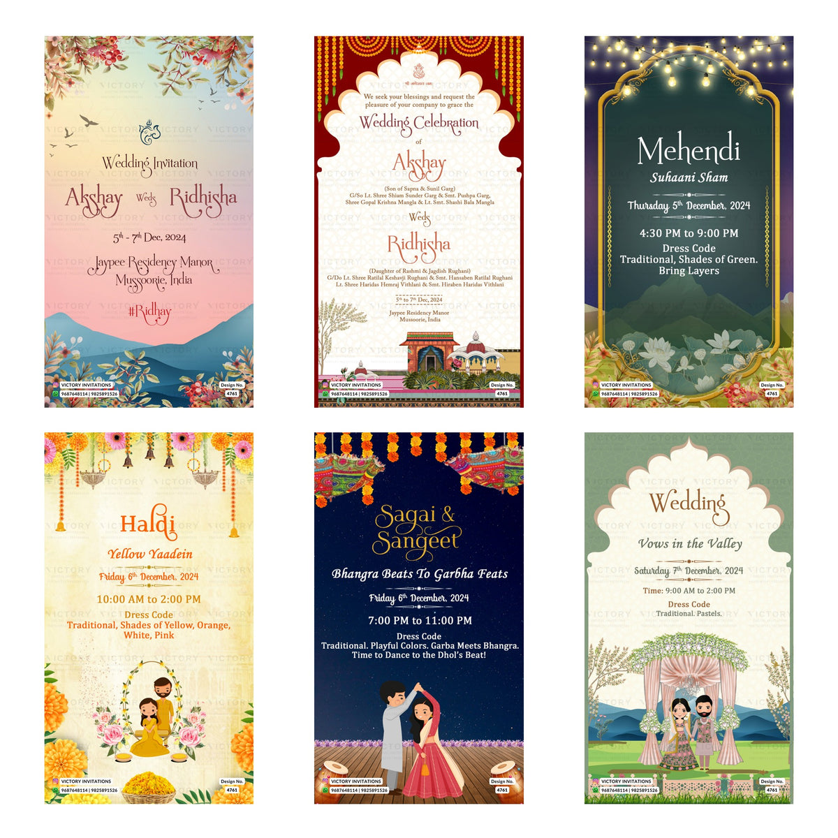 Indian wedding digital invitation card set 4761 featuring , Mehendi, Haldi, Sagai & Sangeet, and Wedding templates.