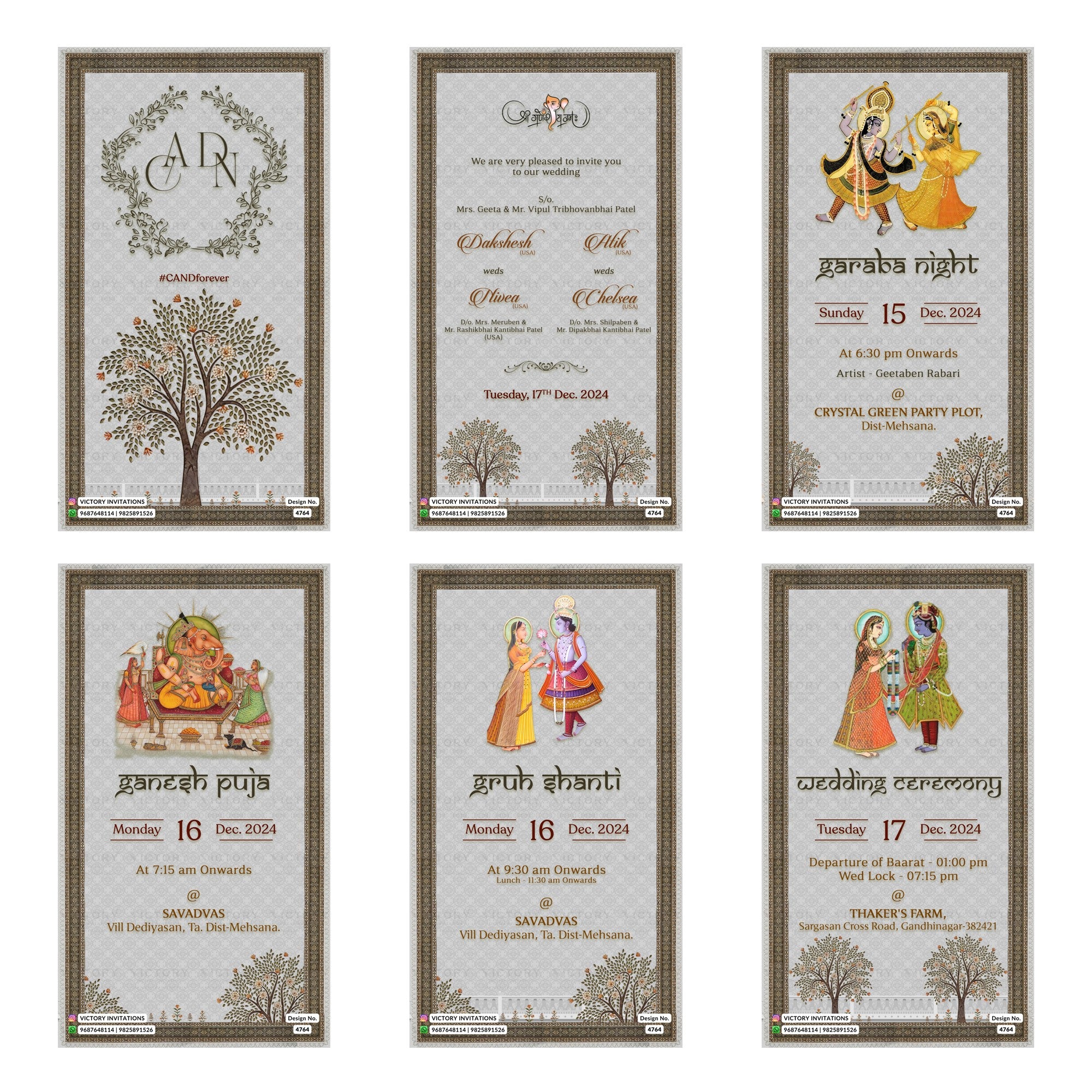Indian wedding digital invitation card set 4764 featuring Dakshesh weds Nivea and Atik weds Chelsea, Garaba Night, Ganesh Puja, Gruh Shanti, and Wedding Ceremony templates.