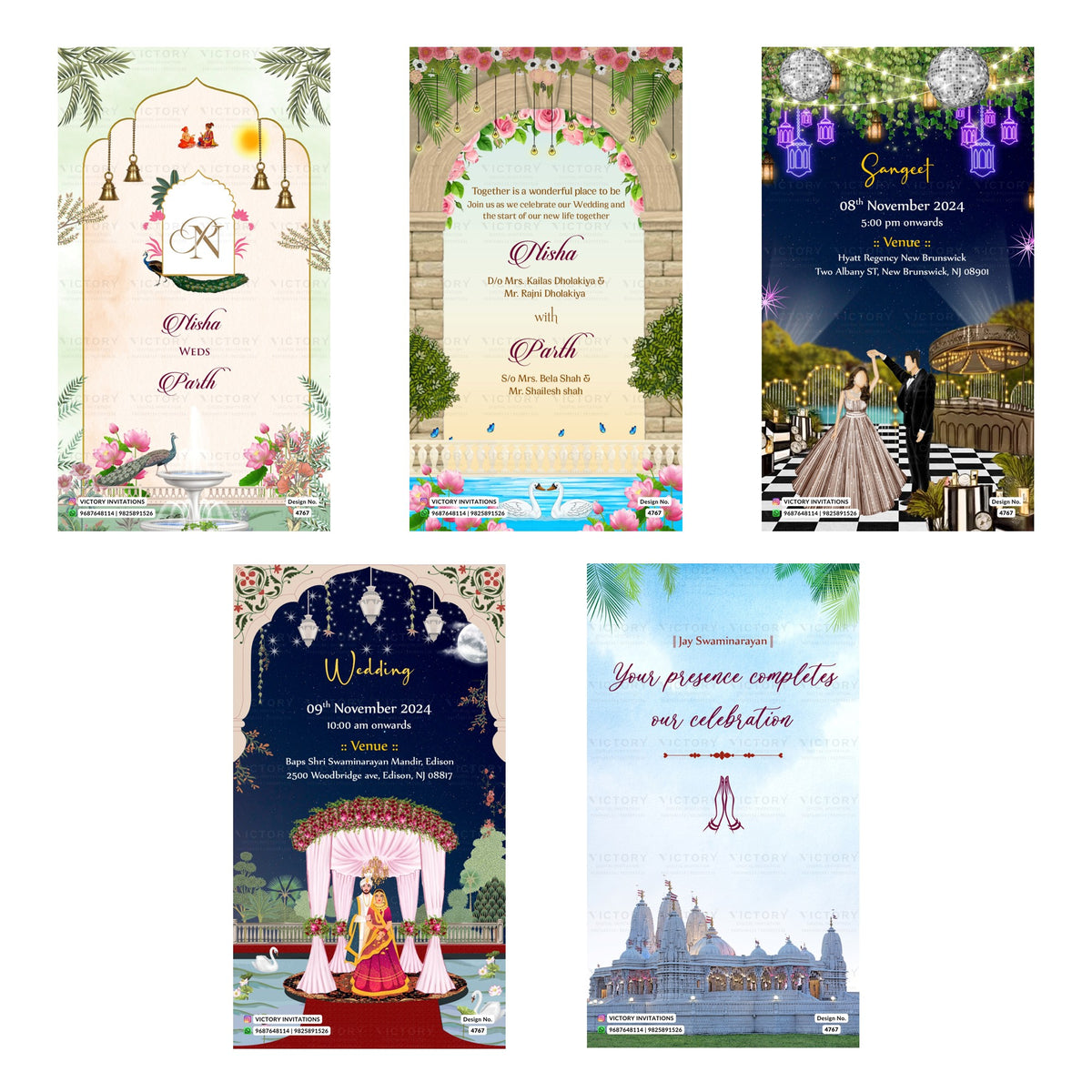 Indian wedding digital invitation card set 4767 featuring Nisha and Parth, Sangeet, and Wedding templates.