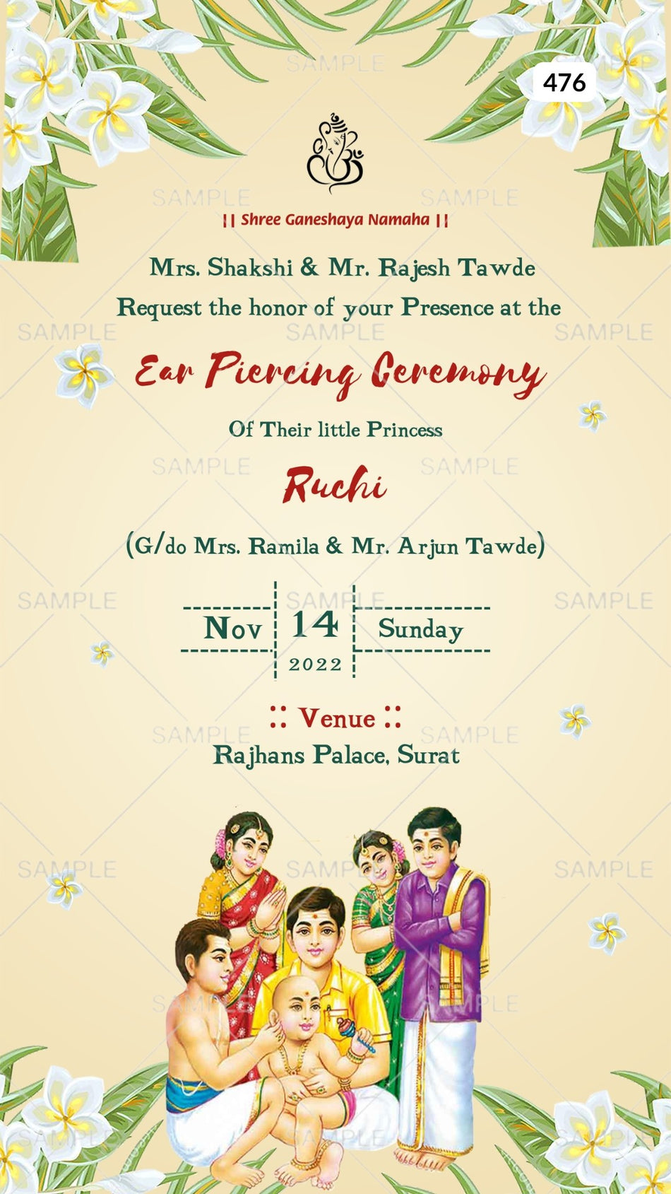 Ear Piercing ceremony invitation card in english language with flowers, leaves as floral theme Canva Editable Template design 476