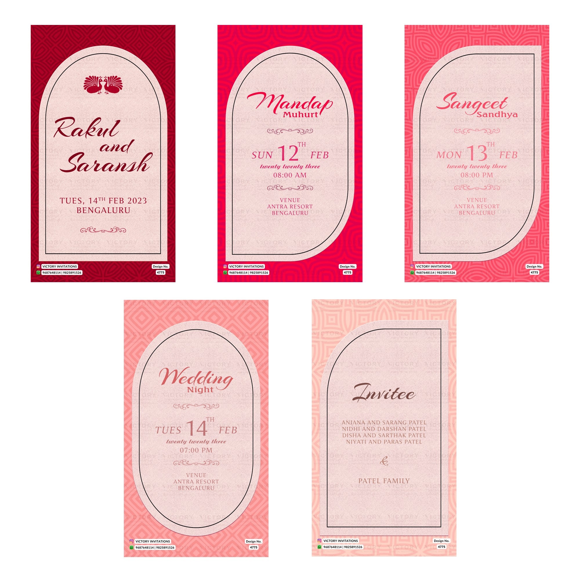 Indian wedding digital invitation card set 4775 featuring Rakul and Saransh, Mandap Muhurt, Sangeet Sandhya, and Wedding Night templates.