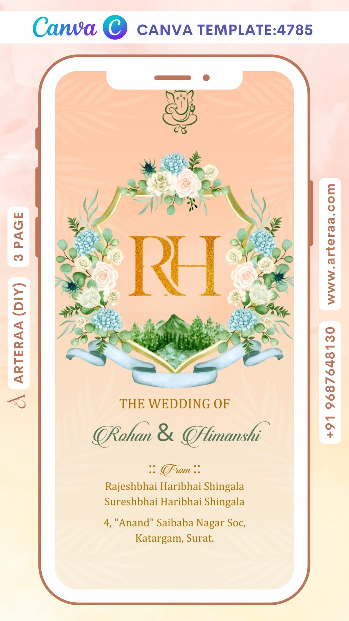 Wedding ceremony invitation Canva Editable video Template of hindu gujarati patel family in english language with garden theme design 4785