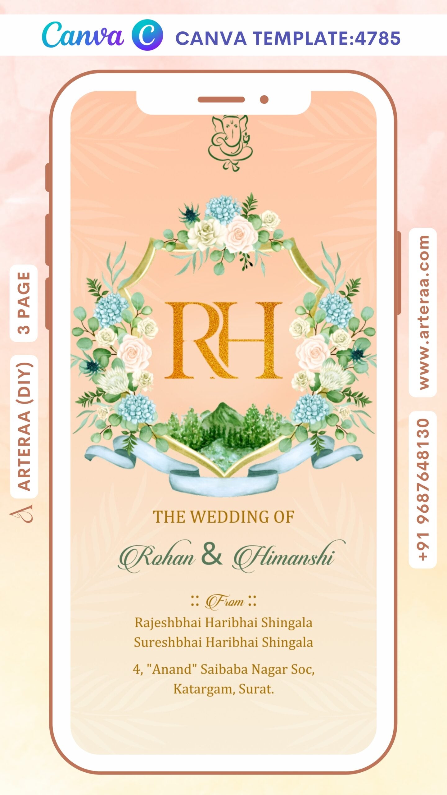 Wedding ceremony invitation Canva Editable video Template of hindu gujarati patel family in english language with garden theme design 4785