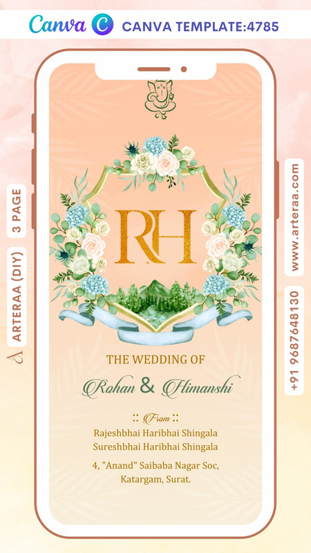 Wedding ceremony invitation Canva Editable video Template of hindu gujarati patel family in english language with garden theme design 4785