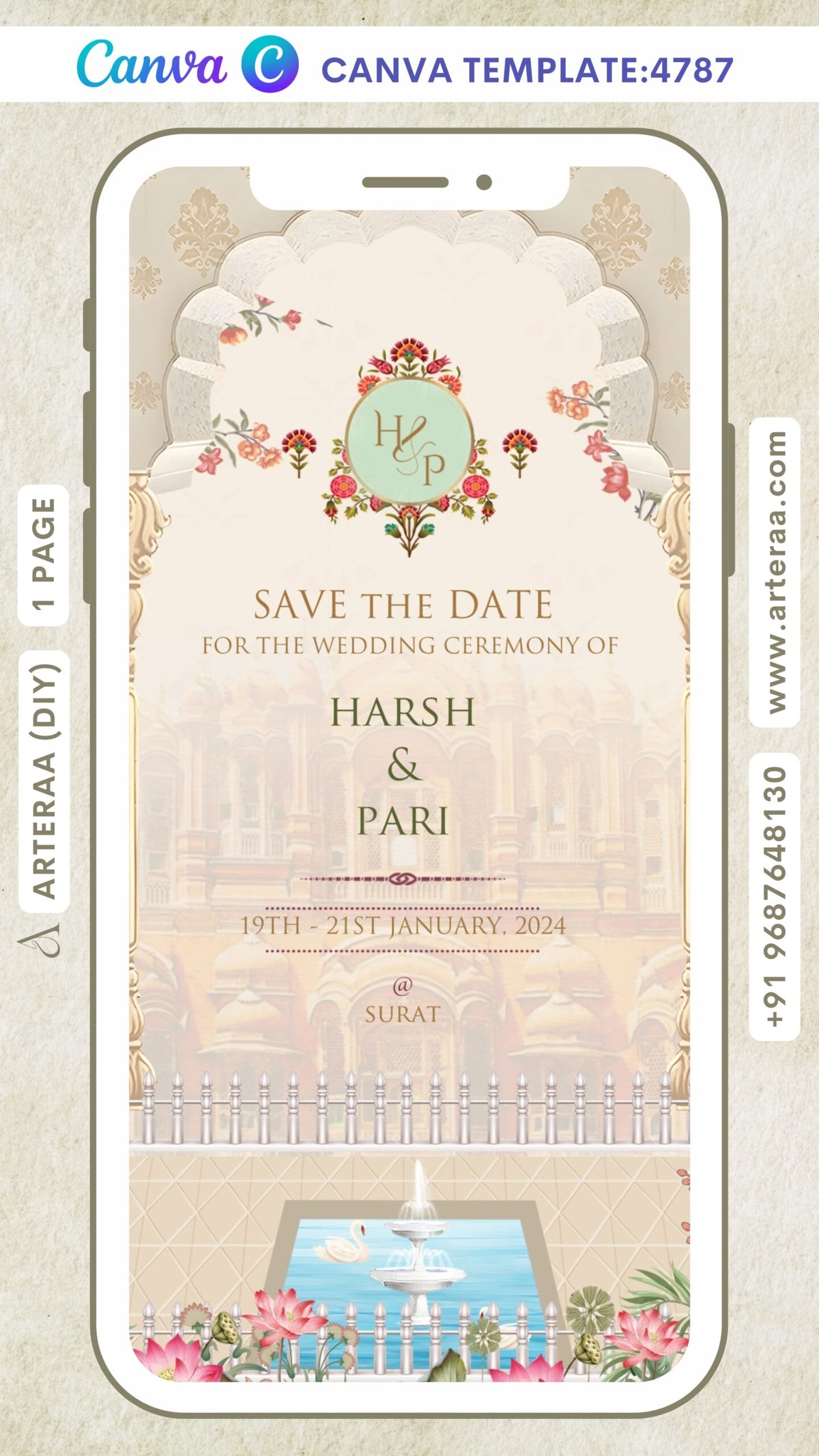 Save the Date Canva Editable video Template in english language with fence, fountain as gate theme design 4787