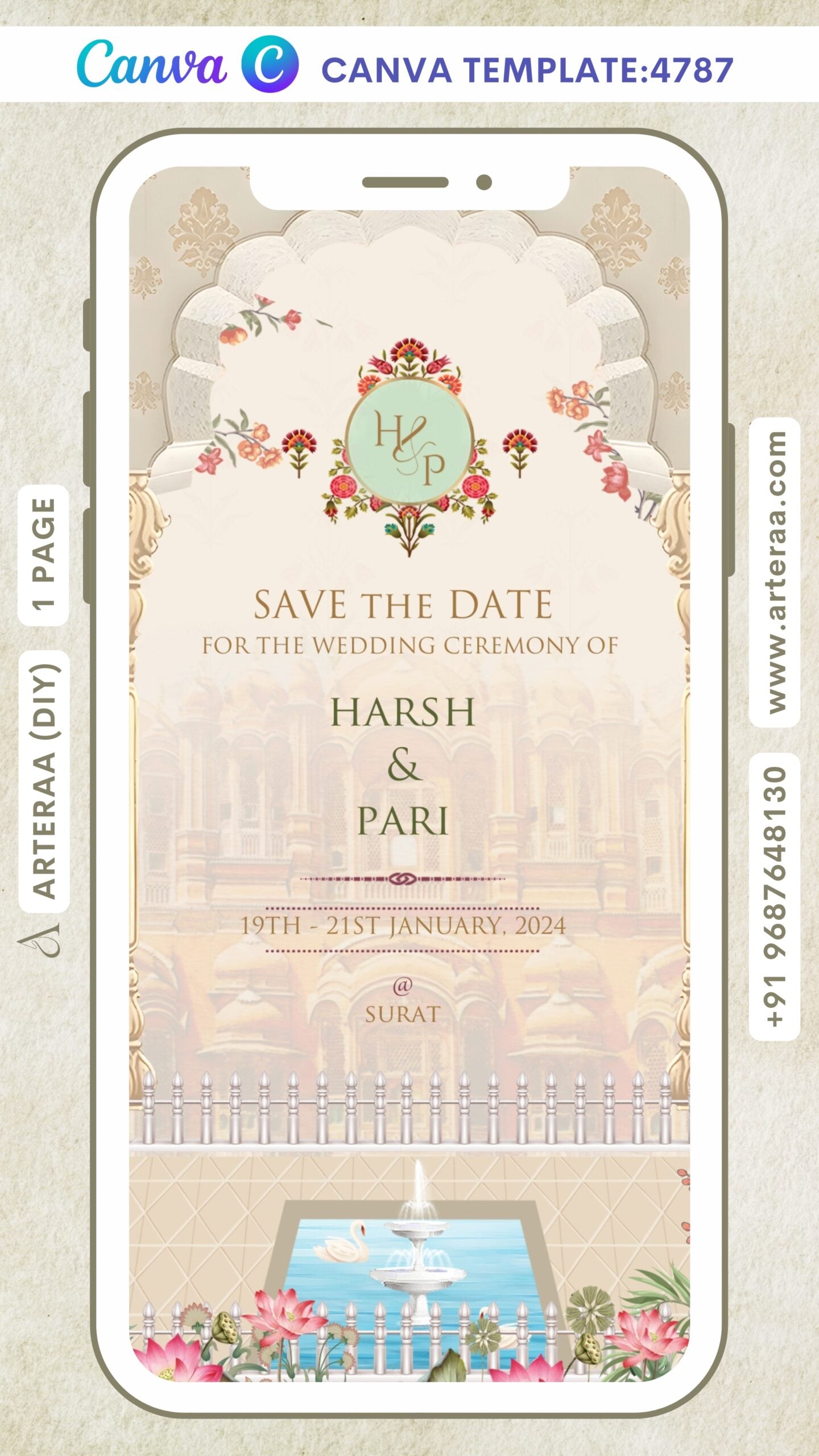 Save the Date Canva Editable video Template in english language with fence, fountain as gate theme design 4787