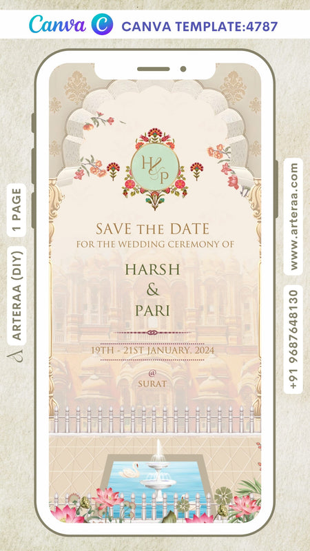 Save the Date Canva Editable video Template in english language with fence, fountain as gate theme design 4787