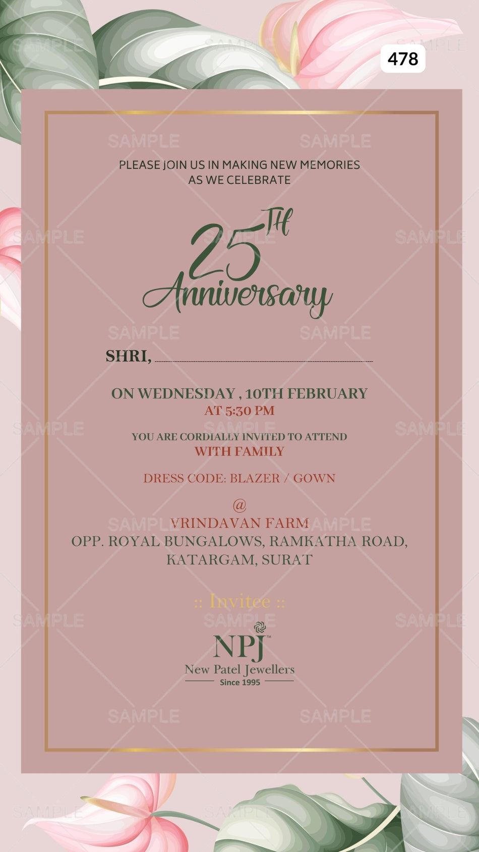 25th Wedding Anniversary invitation card Canva Editable Template in English language with flowers, frame as floral theme design 478