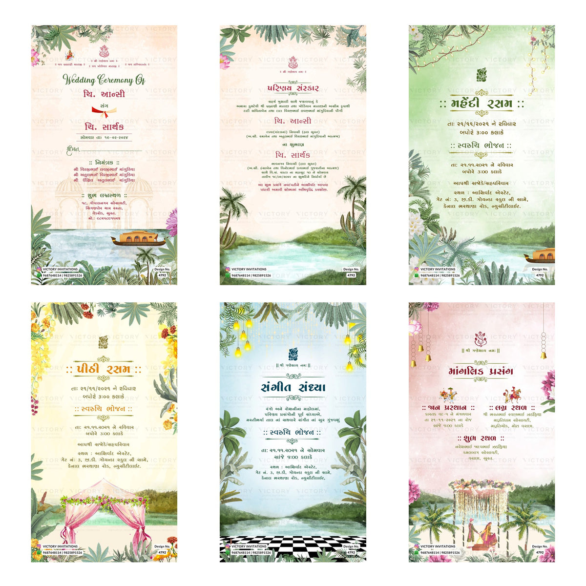 Traditional Gujarati Wedding Ceremony and digital invitation card set 4792 featuring Aansi and Sarthak, Parinay Sanskar, Mehendi Rasam, Peethi Rasam, Sangeet Sandhya, and Mangalik Prasang templates.
