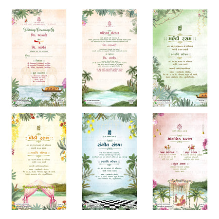 Traditional Gujarati Wedding Ceremony and digital invitation card set 4792 featuring Aansi and Sarthak, Parinay Sanskar, Mehendi Rasam, Peethi Rasam, Sangeet Sandhya, and Mangalik Prasang templates.