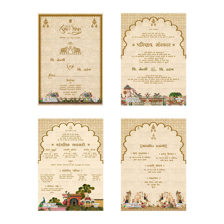 Traditional Gujarati wedding digital invitation card set 4803 featuring Nency and Tarang templates with Barodiya family branding   