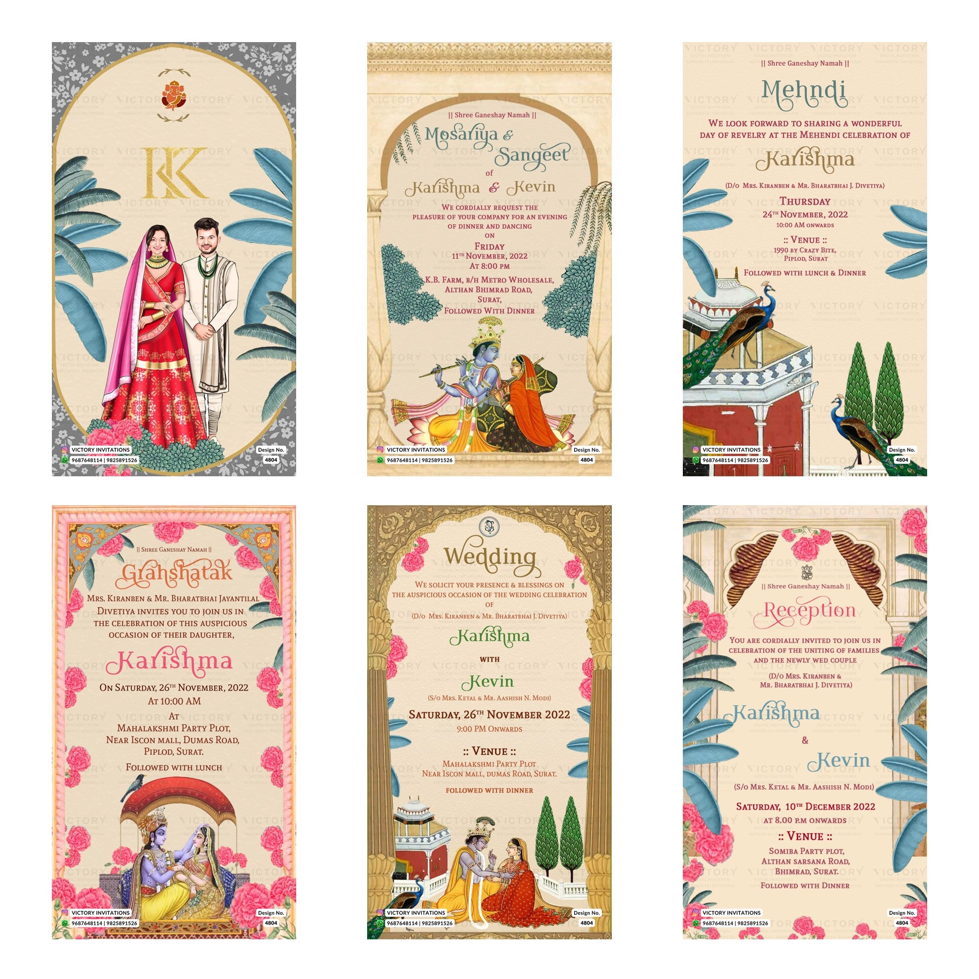 Indian wedding digital invitation card set 4804 featuring Karishma and Kevin, Mosariya & Sangeet, Mehndi, Grahshatak, Wedding, and Reception templates.
