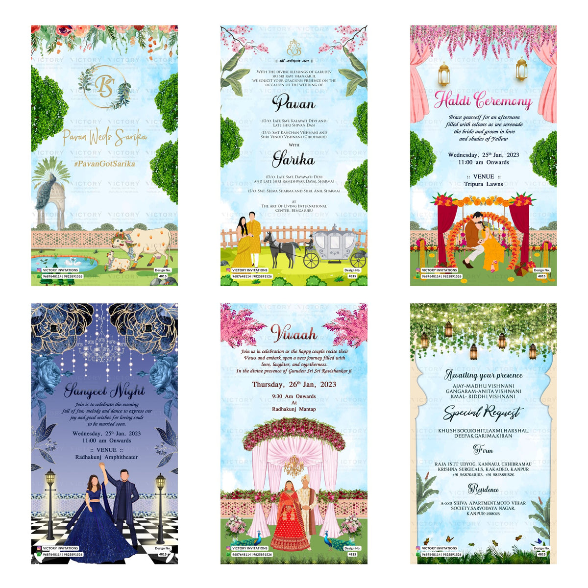 Indian wedding digital invitation card set 4815 featuring Pavan and Sarika, Haldi Ceremony, Sangeet Night, and Vivaah templates.