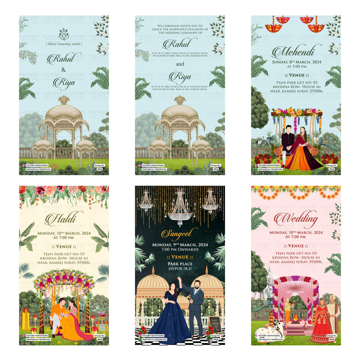 Indian wedding digital invitation card set 4818 featuring Rahul and Riya, Mehendi, Haldi, Sangeet, and Wedding Ceremony templates.