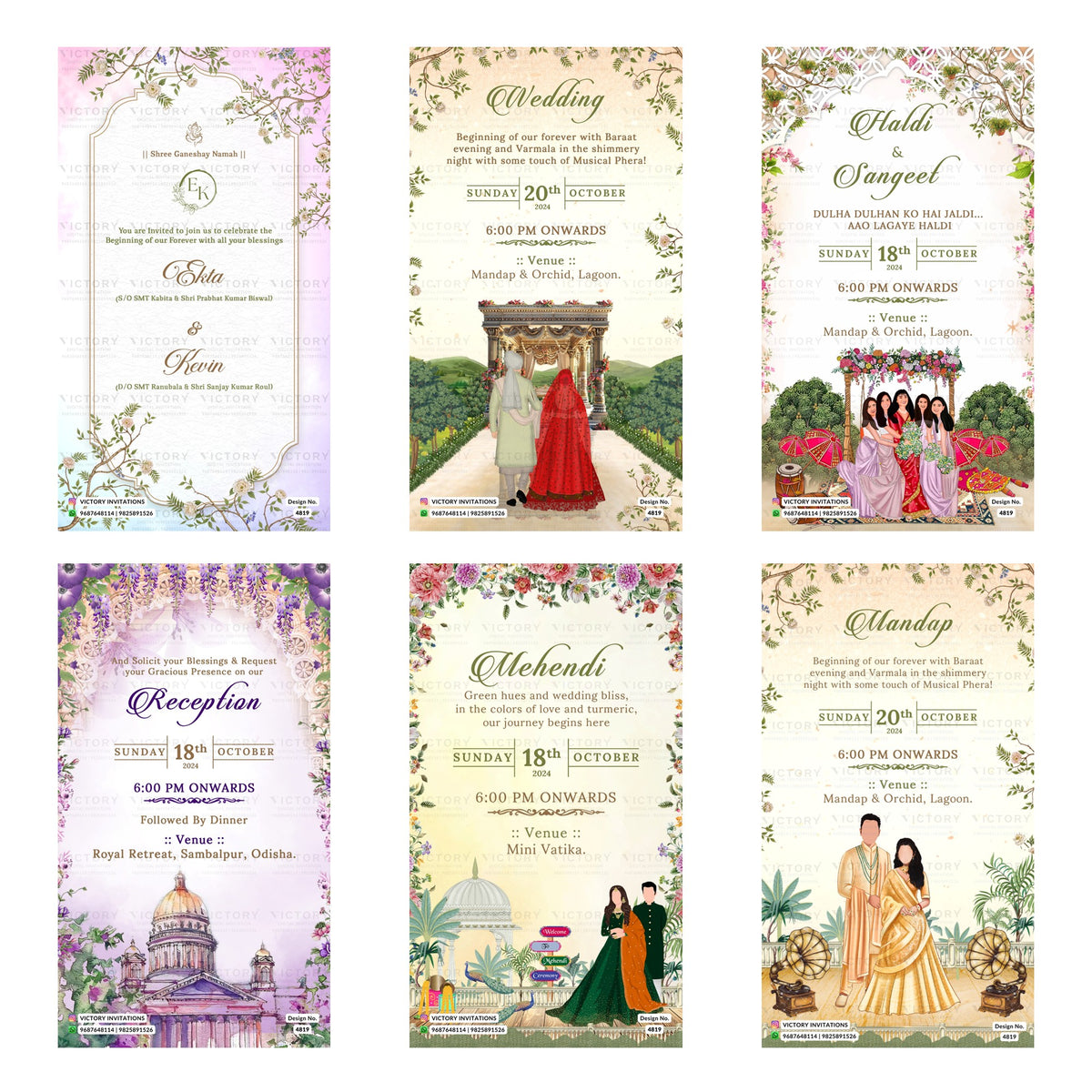 Indian wedding digital invitation card set 4819 featuring Ekta and Kevin, Wedding, Haldi & Sangeet, Reception, Mehendi, and Mandap templates.