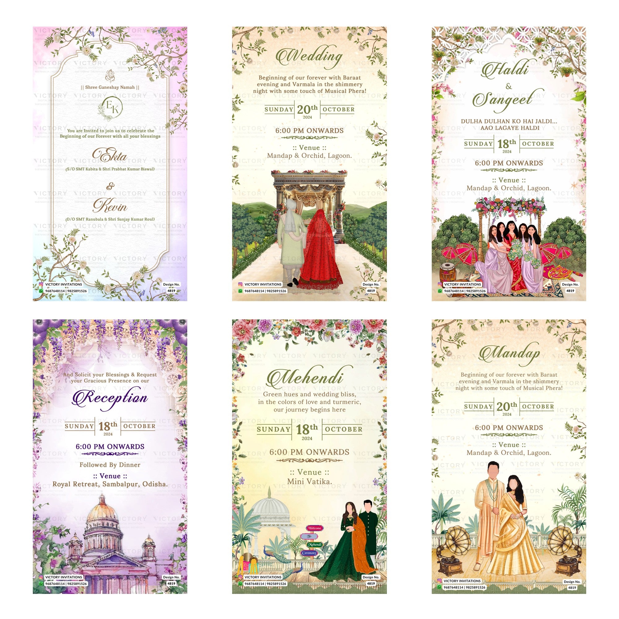 Indian wedding digital invitation card set 4819 featuring Ekta and Kevin, Wedding, Haldi & Sangeet, Reception, Mehendi, and Mandap templates.