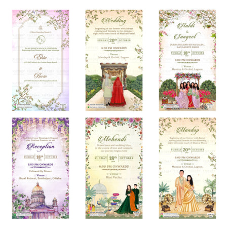 Indian wedding digital invitation card set 4819 featuring Ekta and Kevin, Wedding, Haldi & Sangeet, Reception, Mehendi, and Mandap templates.