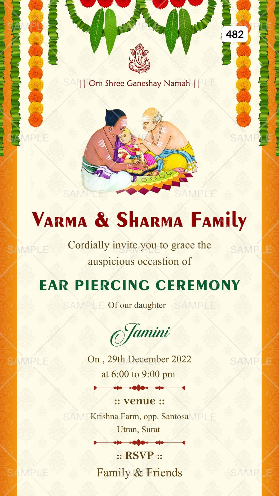 Ear Piercing ceremony invitation card Canva Editable Template in english language with marigold garland as vintage theme design 482