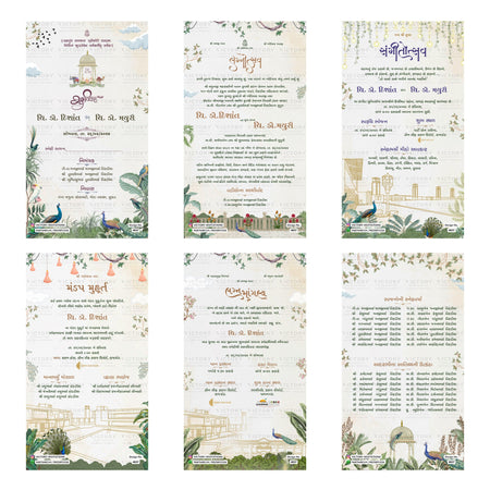 Traditional Gujarati Shubh Vivah and wedding digital invitation card set 4837 featuring Hishant and Mayuri, Lagnotsav, Sangeet Utsav, Mandap Muhurt, and Lagn Mangalya templates.