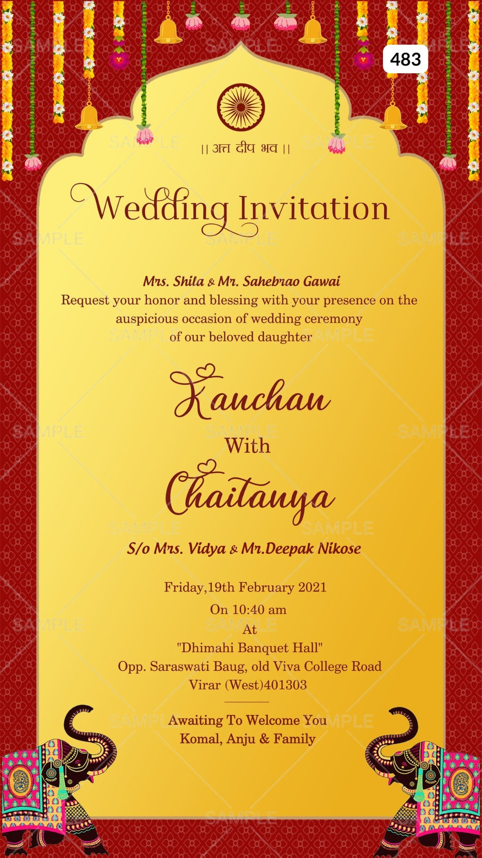 Wedding ceremony invitation card Canva Editable Template of hindu maharashtrian marathi family in english language with  Arch theme design 483