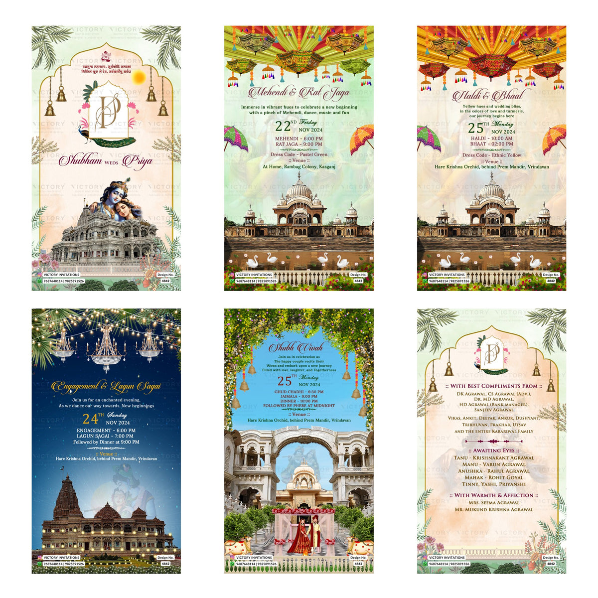 Indian wedding digital invitation card set 4842 featuring Shubham and Priya, Mehendi & Rat Jaga, Haldi & Bhaal, Engagement & Lagun Sagai, and Shubh Vivah templates.