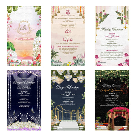 Indian wedding digital invitation card set 4843 featuring Avi and Nidhi, Priya and Himanshu, Mandap Muhurat, Sangeet Sandhya, and Wedding Ceremony templates.