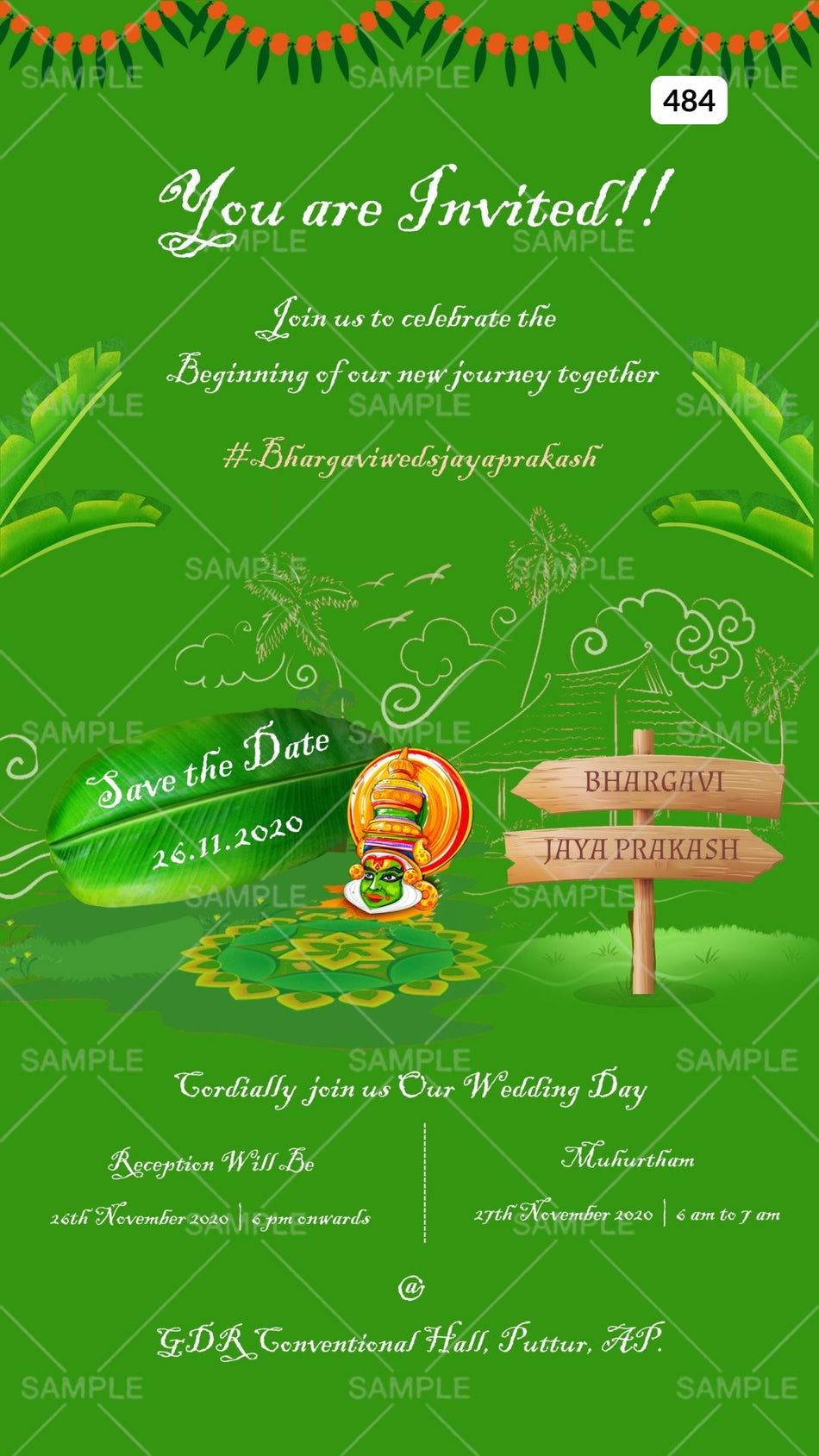 Wedding ceremony invitation card Canva Editable Template of hindu south indian kannada family in english language with Minimalistic theme design 484