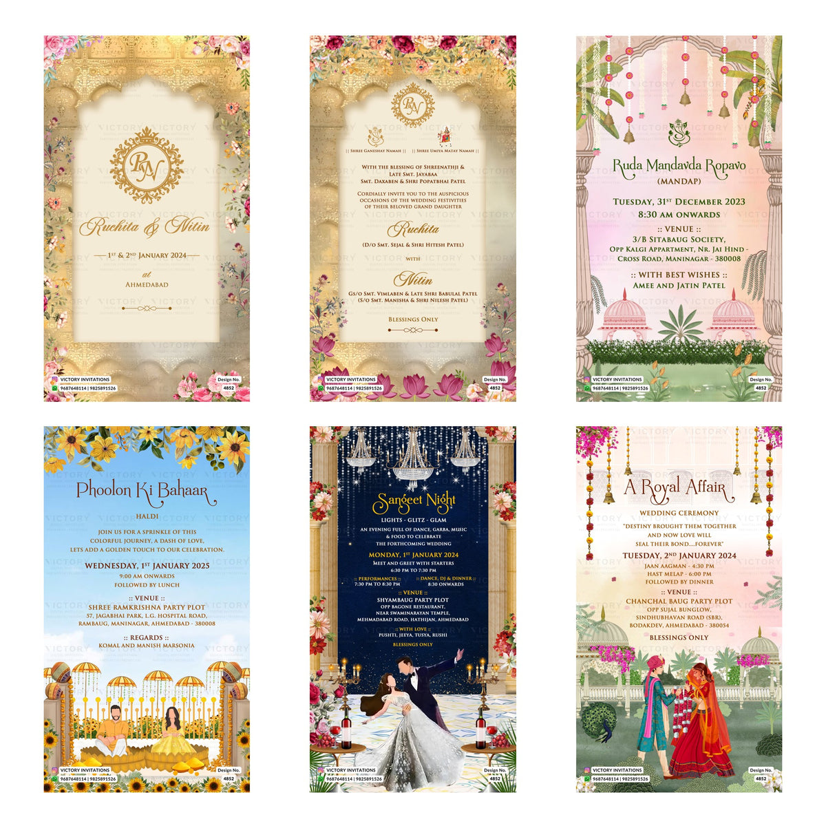 Indian wedding digital invitation card set 4852 featuring Ruchita and Nitin, Ruda Mandavda Ropavo, Phoolon Ki Bahaar Haldi, Sangeet Night, and A Royal Affair templates.