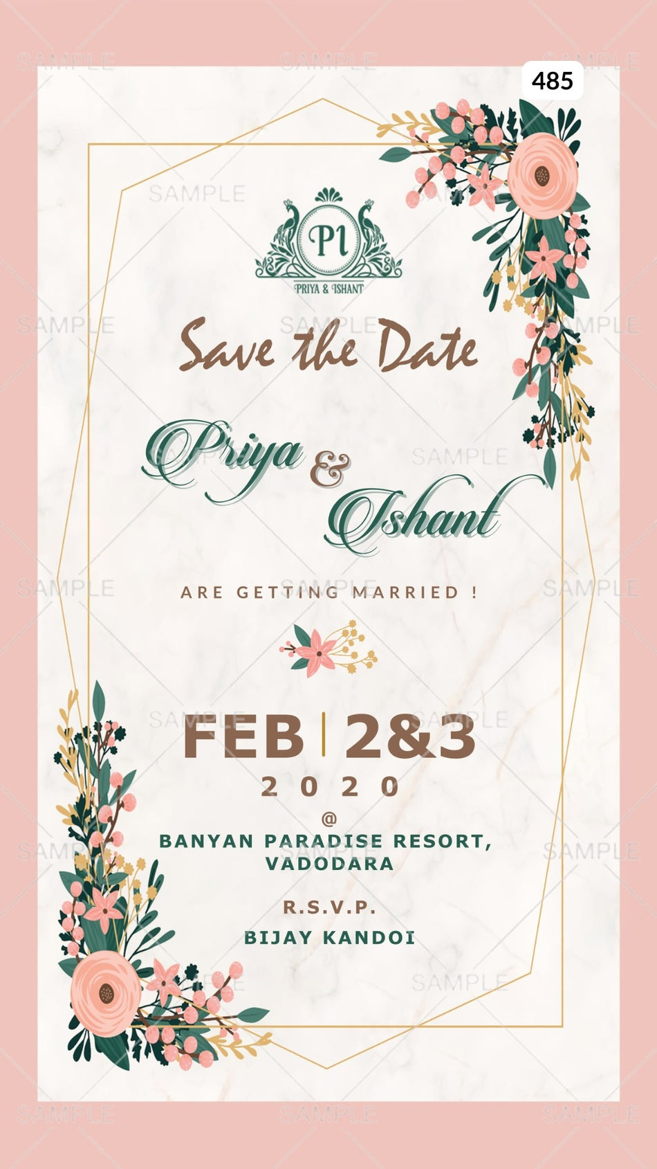Save the Date card Canva Editable Template in english language with frame, couple logo as minimalistic theme design 485