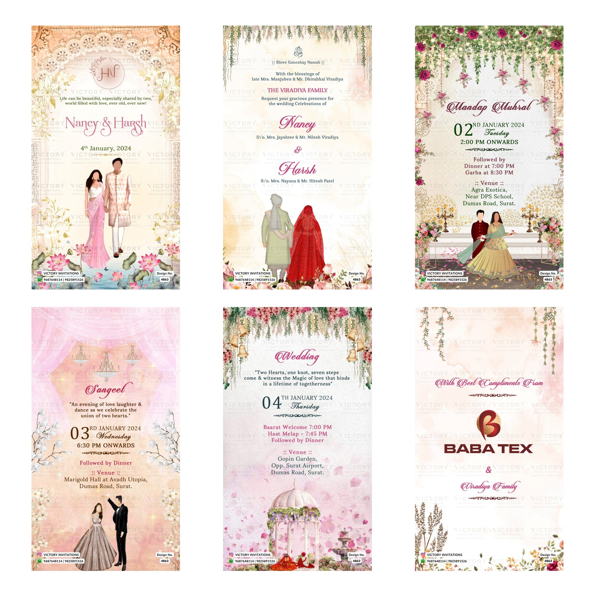 Indian wedding digital invitation card set 4863 featuring Nancy and Harsh, Mandap Muhurat, Sangeet, and Wedding templates.