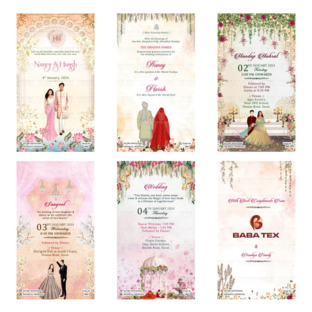 Indian wedding digital invitation card set 4863 featuring Nancy and Harsh, Mandap Muhurat, Sangeet, and Wedding templates.
