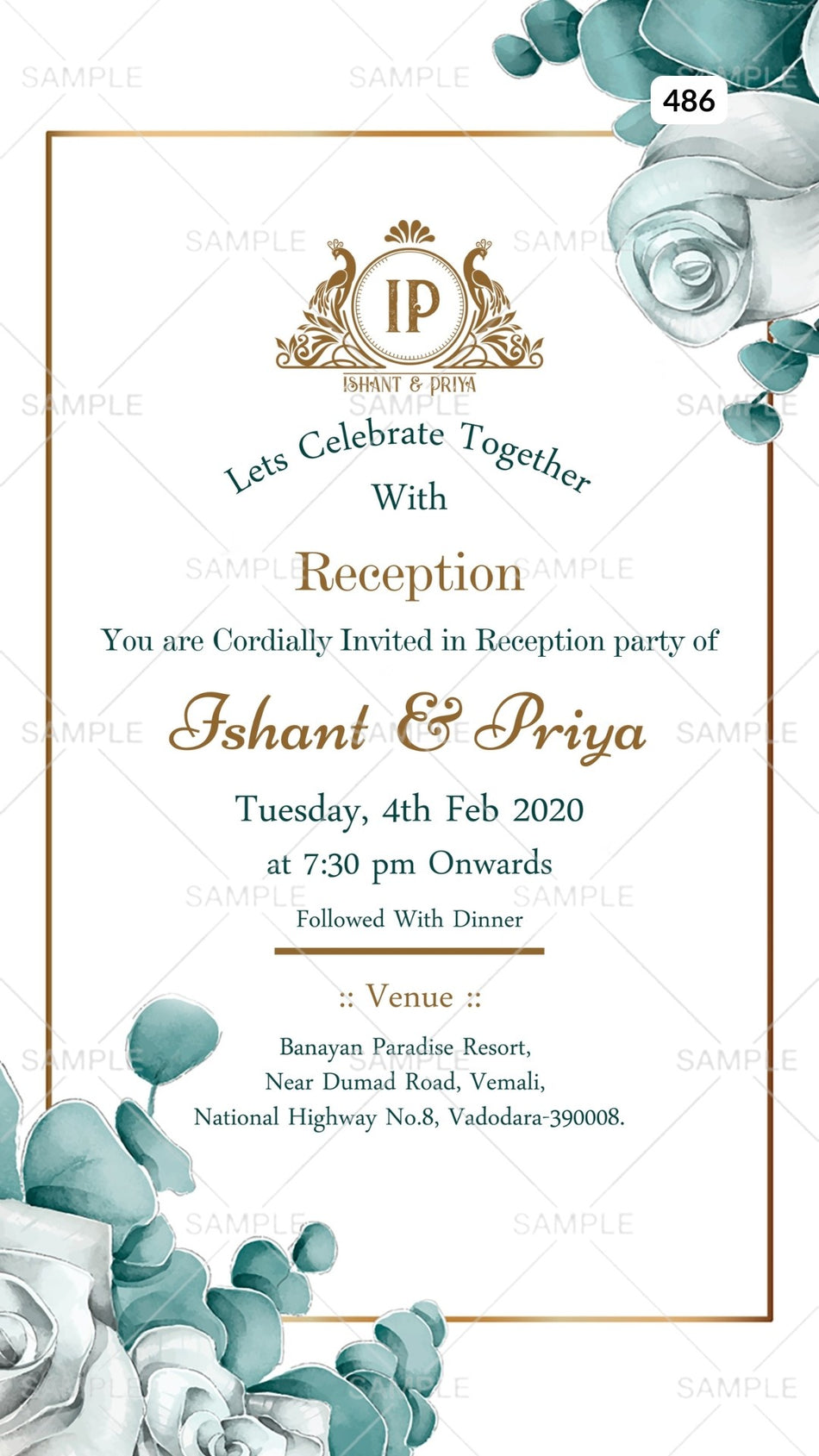 Reception Party invitation card Canva Editable Template in english language with couple logo, leaves as floral theme design 486