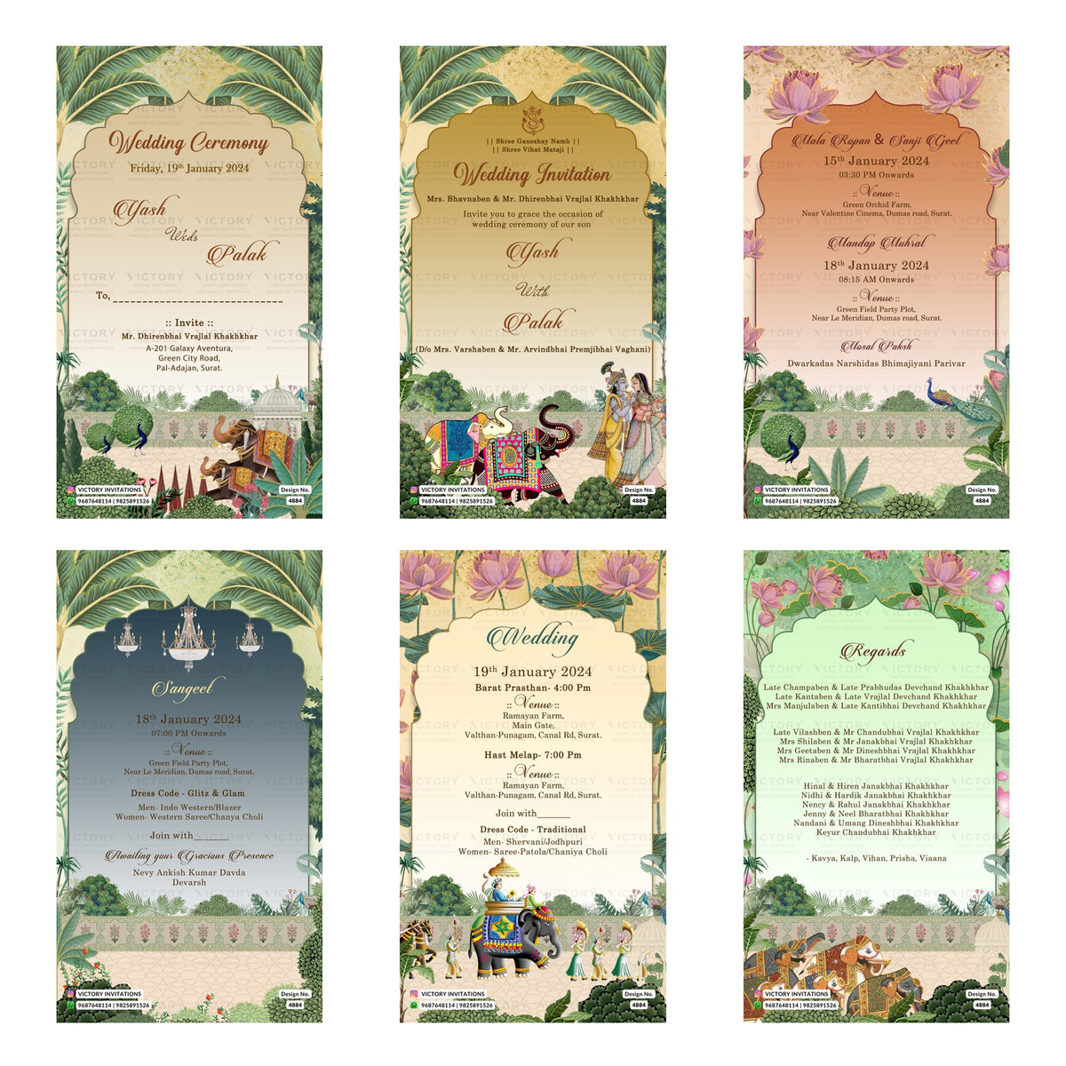 Traditional Indian wedding digital invitation card set 4884 featuring Yash and Palak, Mandap Muhurat, Sangeet, and Wedding Ceremony templates.