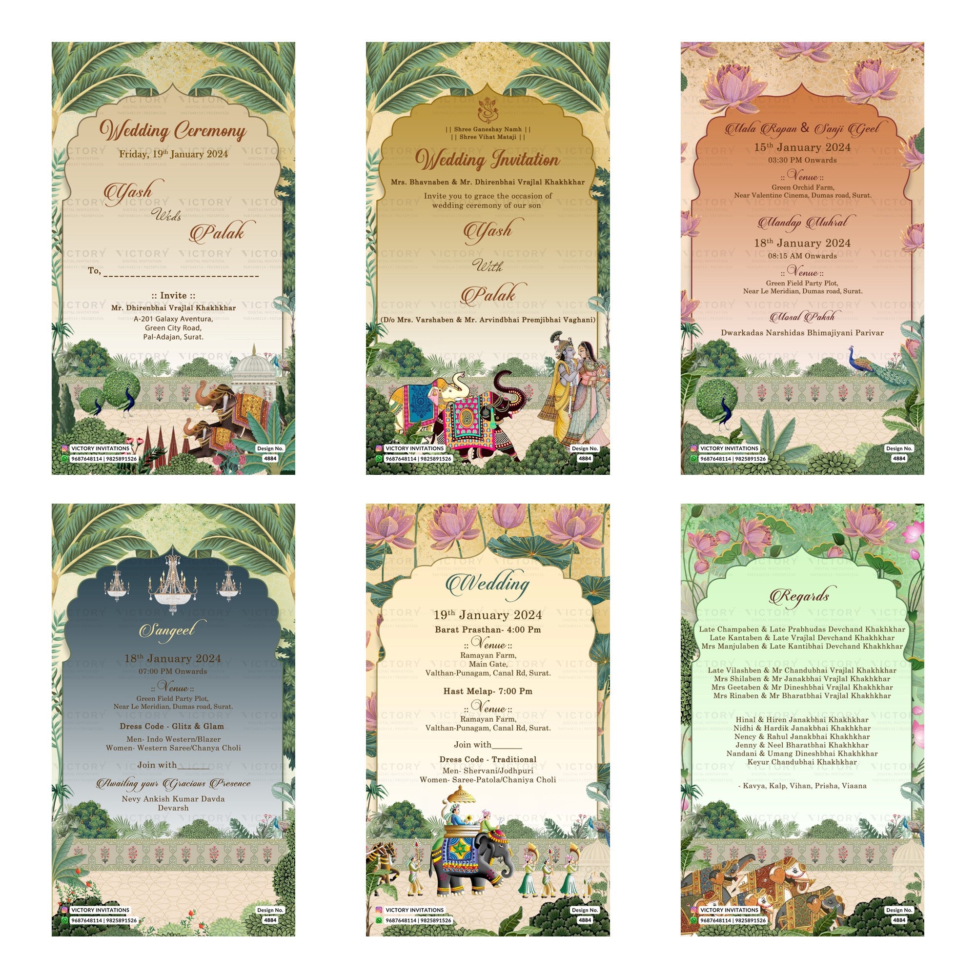 Traditional Indian wedding digital invitation card set 4884 featuring Yash and Palak, Mandap Muhurat, Sangeet, and Wedding Ceremony templates.