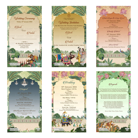 Traditional Indian wedding digital invitation card set 4884 featuring Yash and Palak, Mandap Muhurat, Sangeet, and Wedding Ceremony templates.